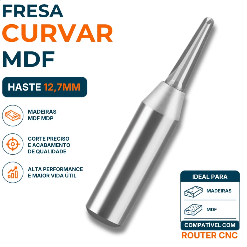 Fresa Para Curva MDF TCT Cônica Haste 12,7mm Router Cnc Moveis