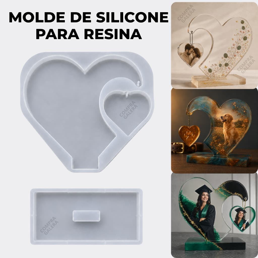Moldes para Resina Epóxi em Silicone Coração Duplo com Base DIY Artesanato