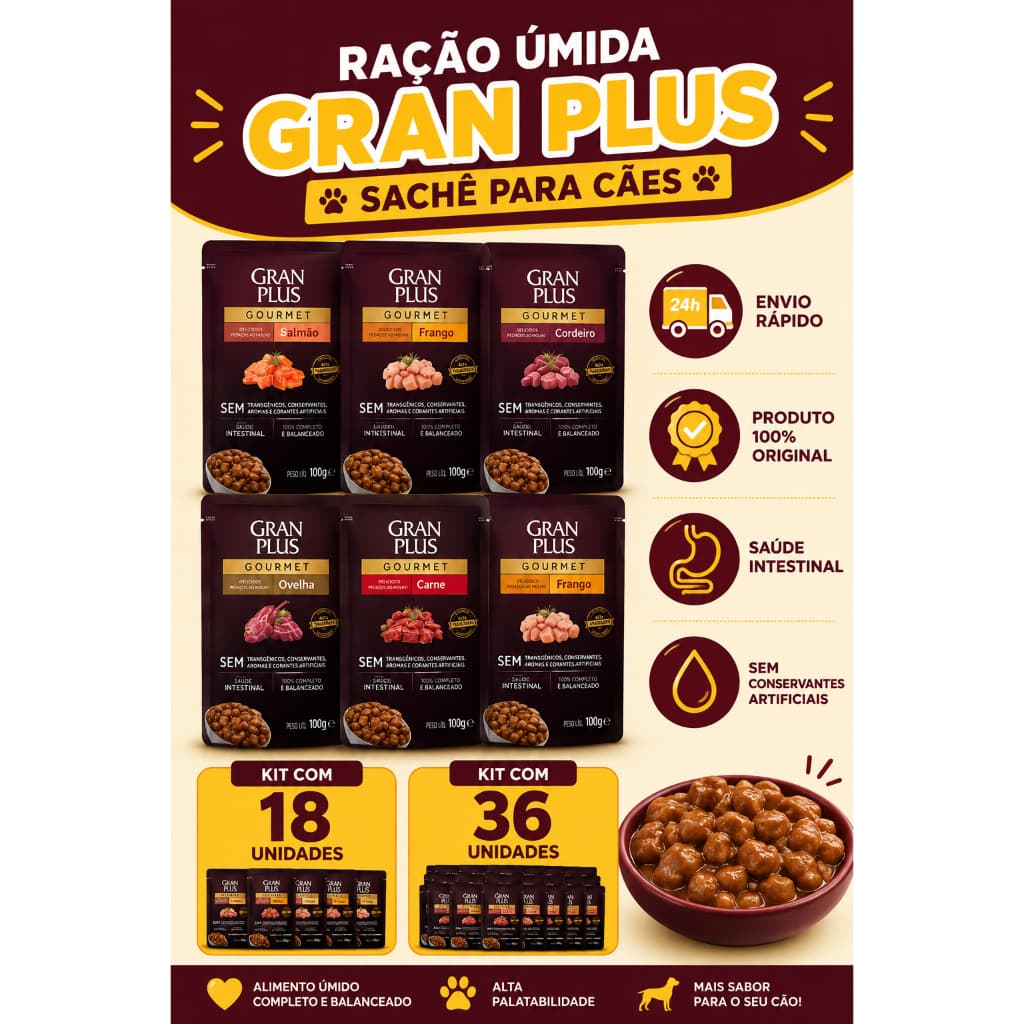 GRAN PLUS SACHÊ PARA CÃES CAIXA COM 18 UNIDADES DE 100G NUTRIÇÃO COMPLETA DIÁRIA