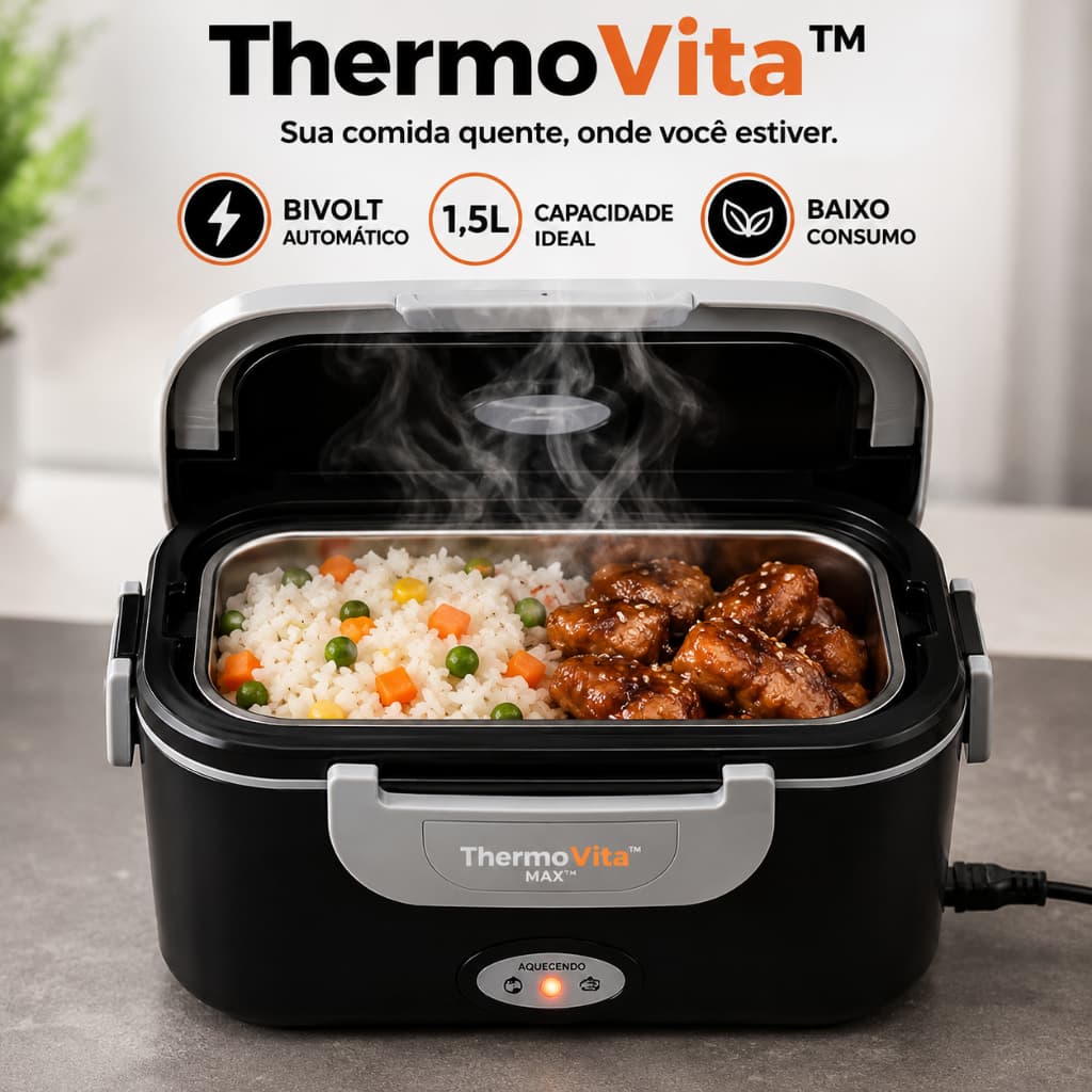 Marmiteira Elétrica Bivolt 1,5L ThermoVita Max™ Portátil Aquece Comida Lancheira Térmica Preta