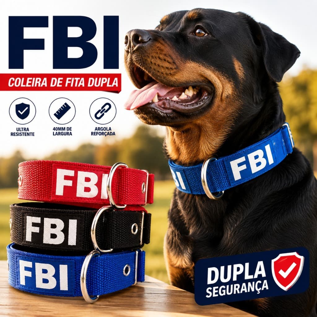 Coleira FBI Dupla 40mm Reforçada para Cães Grandes e Médios Nylon Resistente