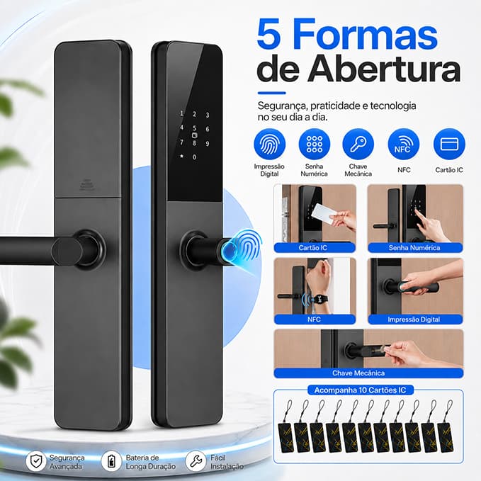 Fechadura Digital Aço Premium 5 em 1 com NFC, Biometria, Senha Touch, Chave e Tag