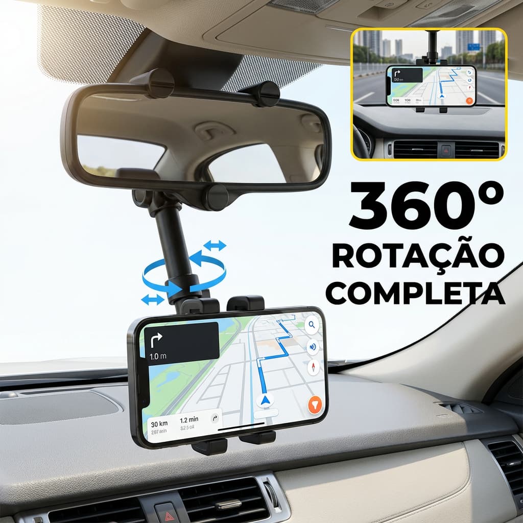 Suporte para Celular no Retrovisor - Universal, Extensível, Giro 360°, Fixação Segura