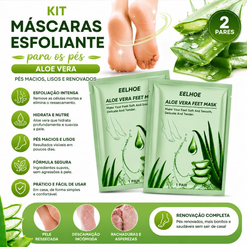 2 Par de Máscarca Meia Esfoliante para SPA dos Pés de Aloe Vera