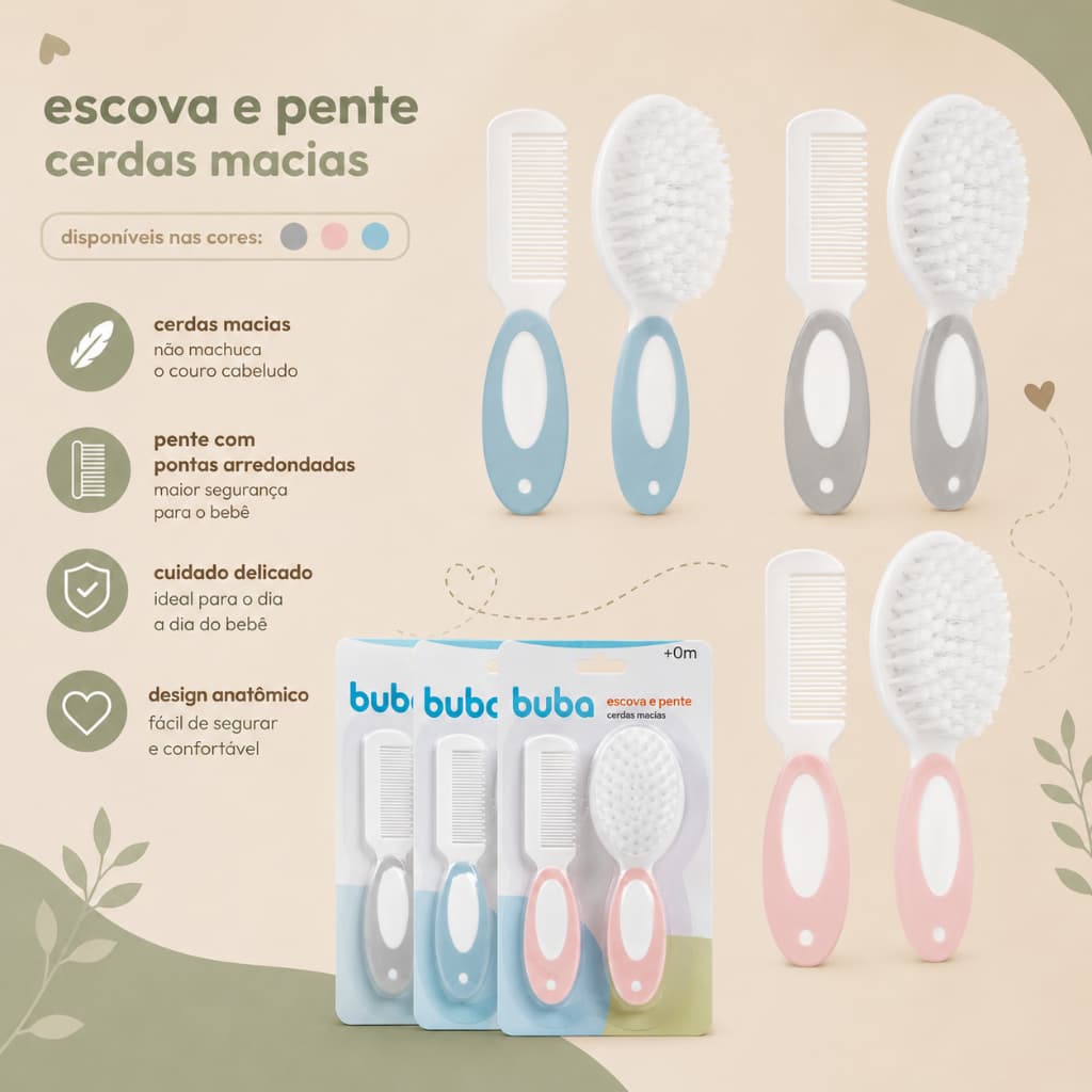 Escova E Pente Cerdas Macias Pontas Arredondadas Para Cabelo Bebe Infantil Azul Rosa Cinza Buba