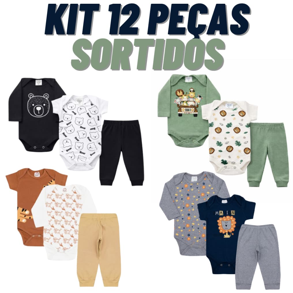 Kit 12 Peças de Roupas para Bebê Menino (4 Body Curto 4 Body Curto + 4 Calça Mijão)  Conjunto Bebê