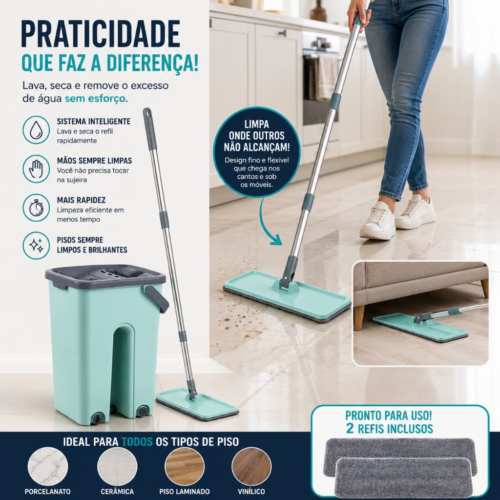 Mop Flat Com Balde Rodo Esfregão Microfibra Limpeza Fácil Piso Porcelanato + 1 Refil Grátis