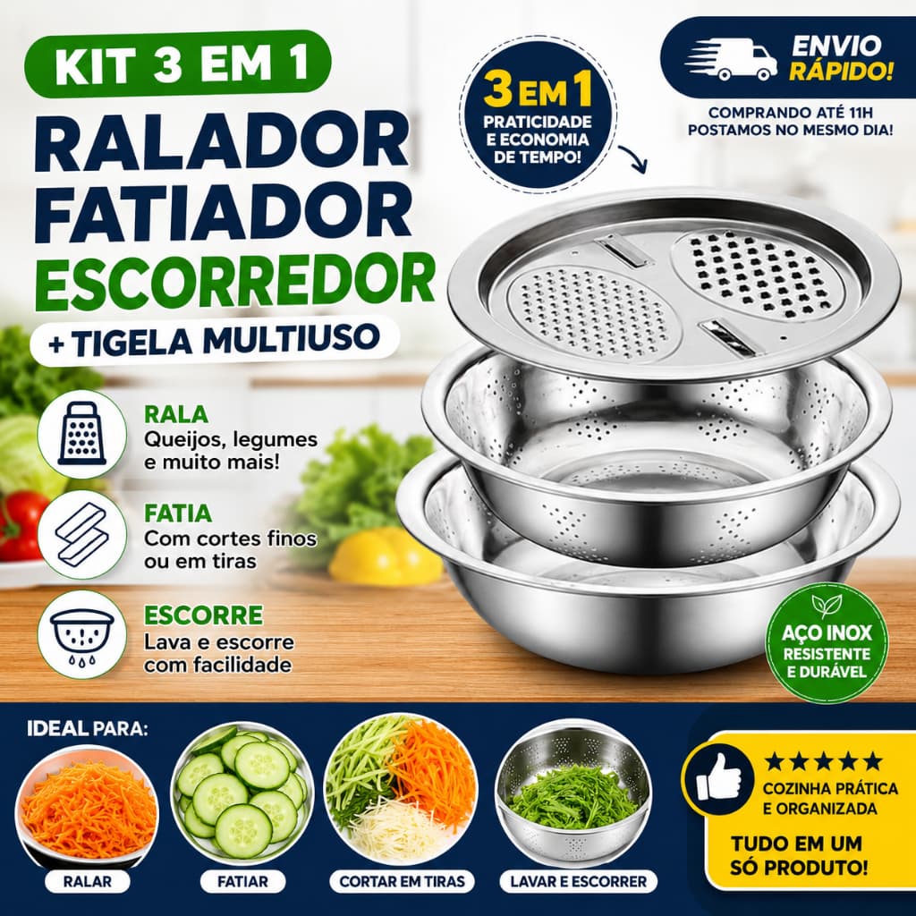 Kit 3 em 1 Ralador Fatiador Escorredor Tigela Multiuso para Legumes Queijo Frutas Cozinha Prática