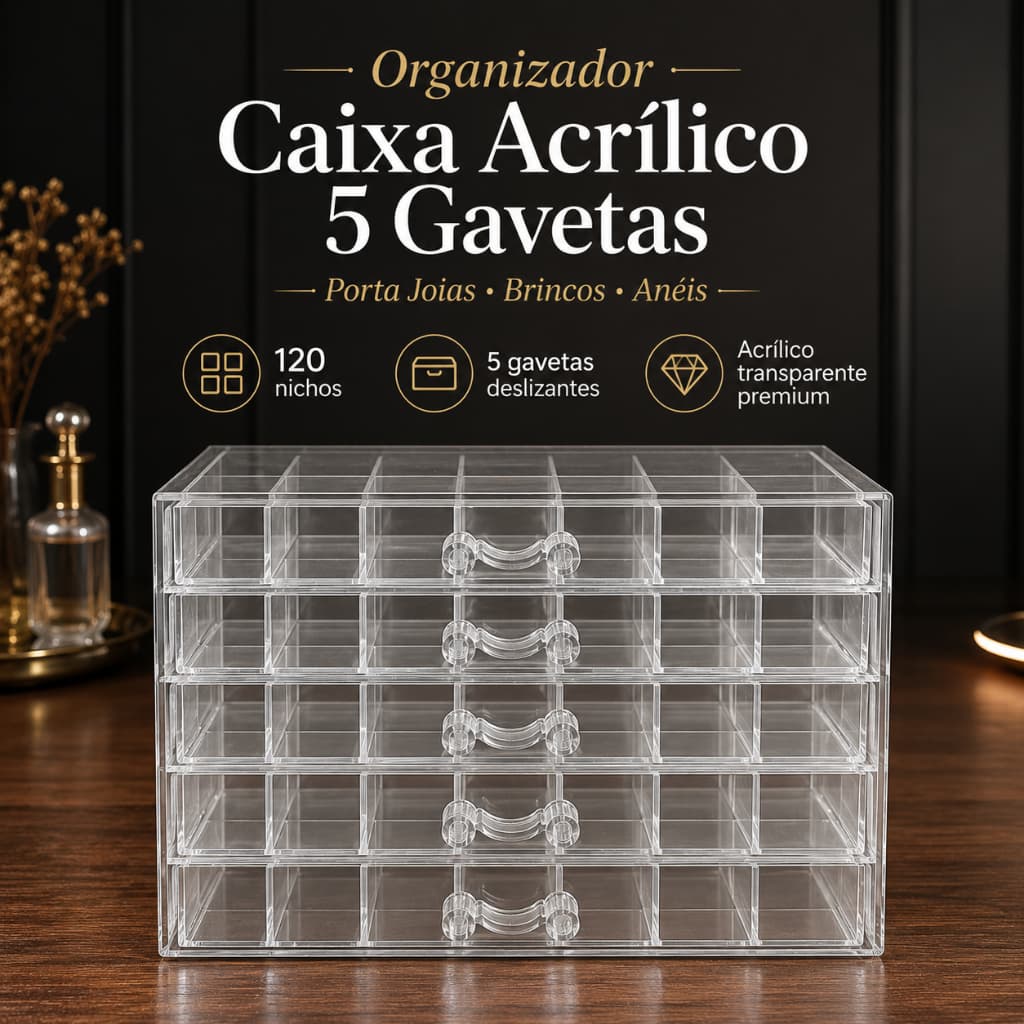 Organizador Acrílico Transparente 5 Gavetas 120 Nichos Porta Joias Brincos Anéis Maquiagem Acessórios