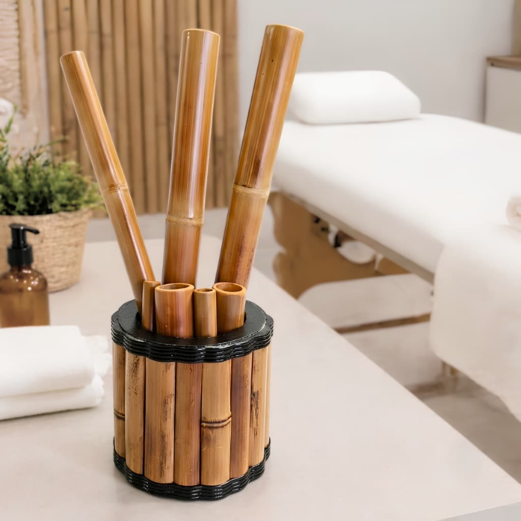 Kit Bambu 7 Peças com Suporte Massagem Modeladora Corpo e Face Redutor de Medidas Profissional