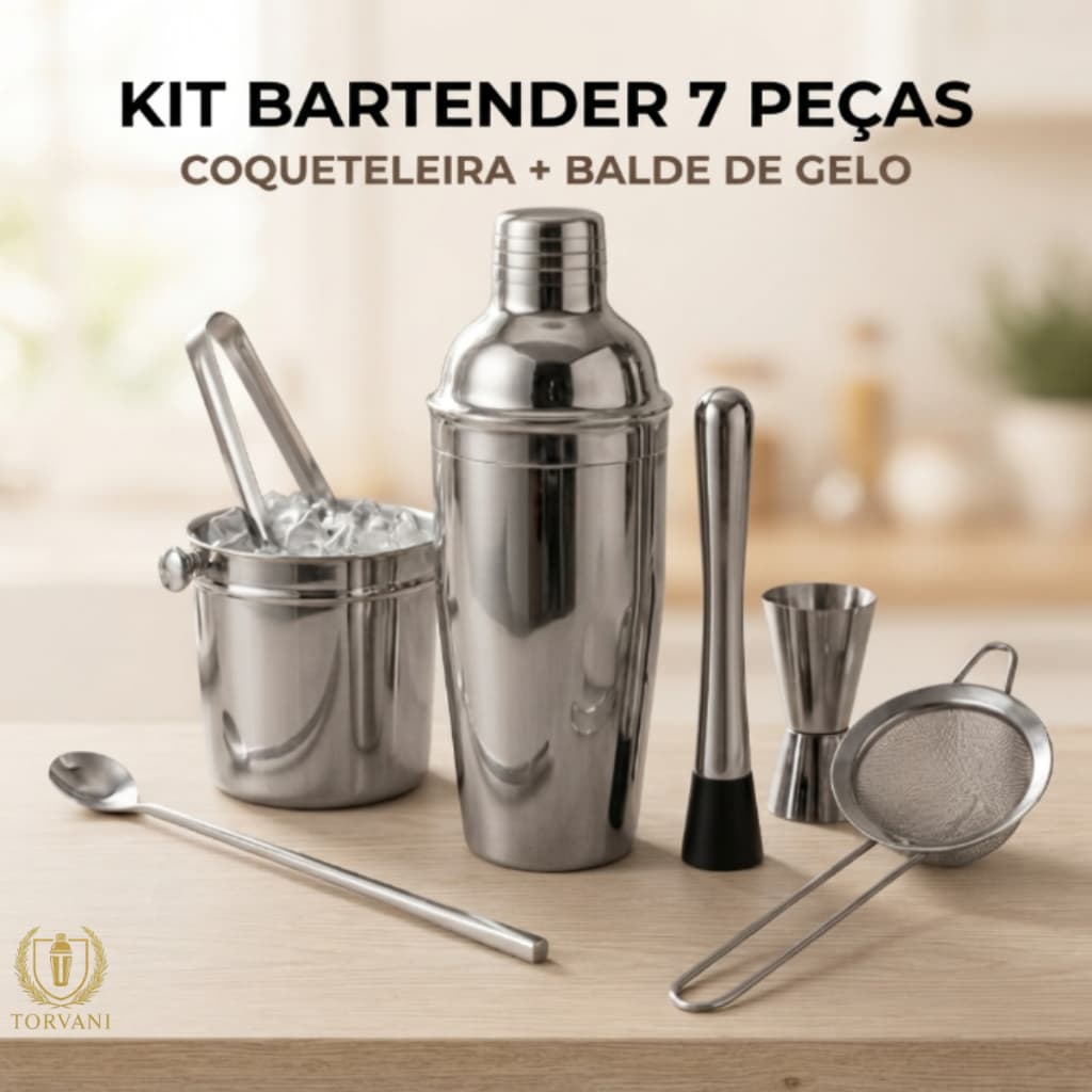 Kit Bartender Profissional Completo 7 Peças Inox - Coqueteleira + Balde de Gelo | Envio Imediato