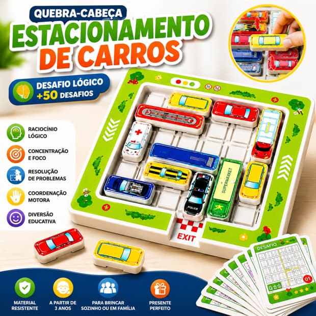 Jogo Quebra-Cabeça Estacionamento de Carros Raciocínio Lógico Infantil Educativo +50 Desafios