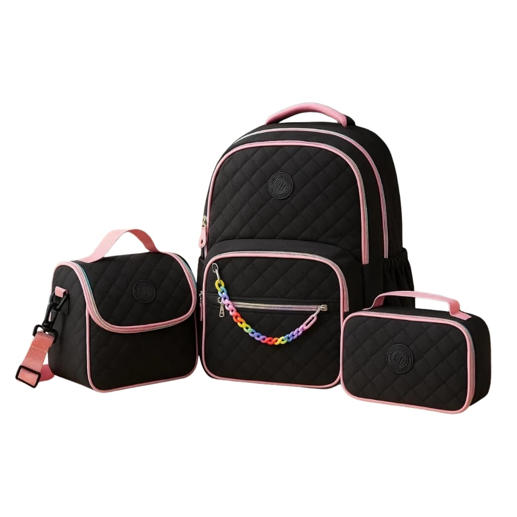 Mochila Escolar Feminina Premium Matelassê Reforçada Com Lancheira E Estojo Resistente