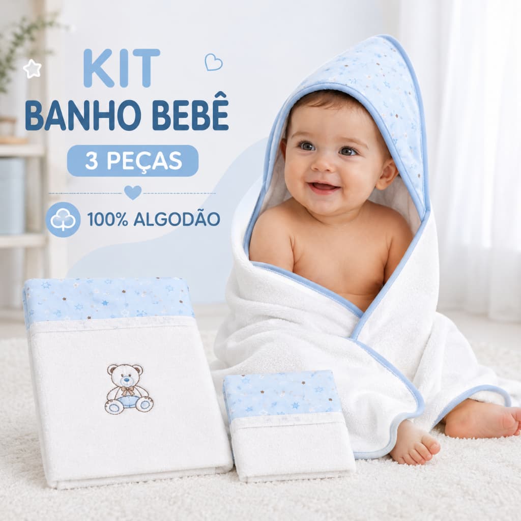 Kit Banho Bebê 3 Peças Cia do Neném 100% Algodão Toalha Felpa + Toalha Fralda + Toalha de Boca