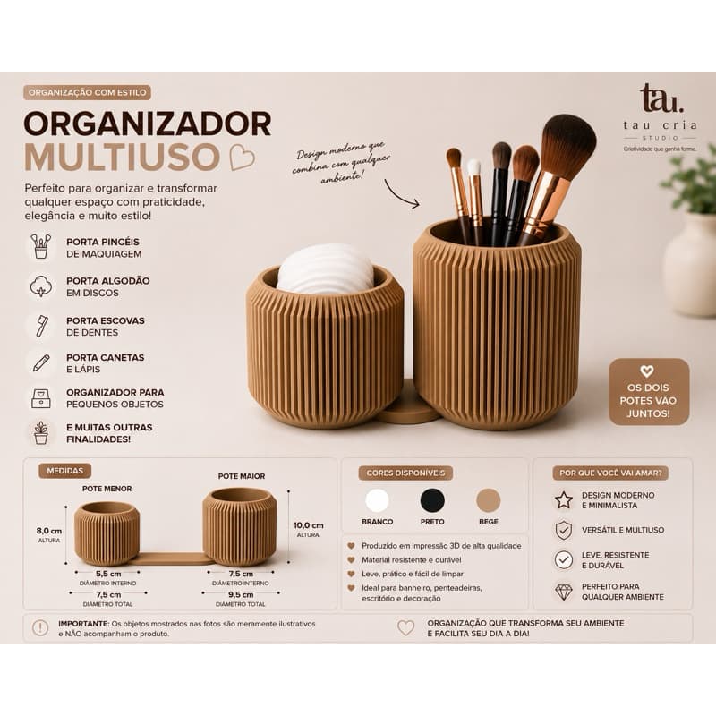 Organizador Multiuso | Porta Pincéis, Algodão, Escovas e Objetos | Impressão 3D