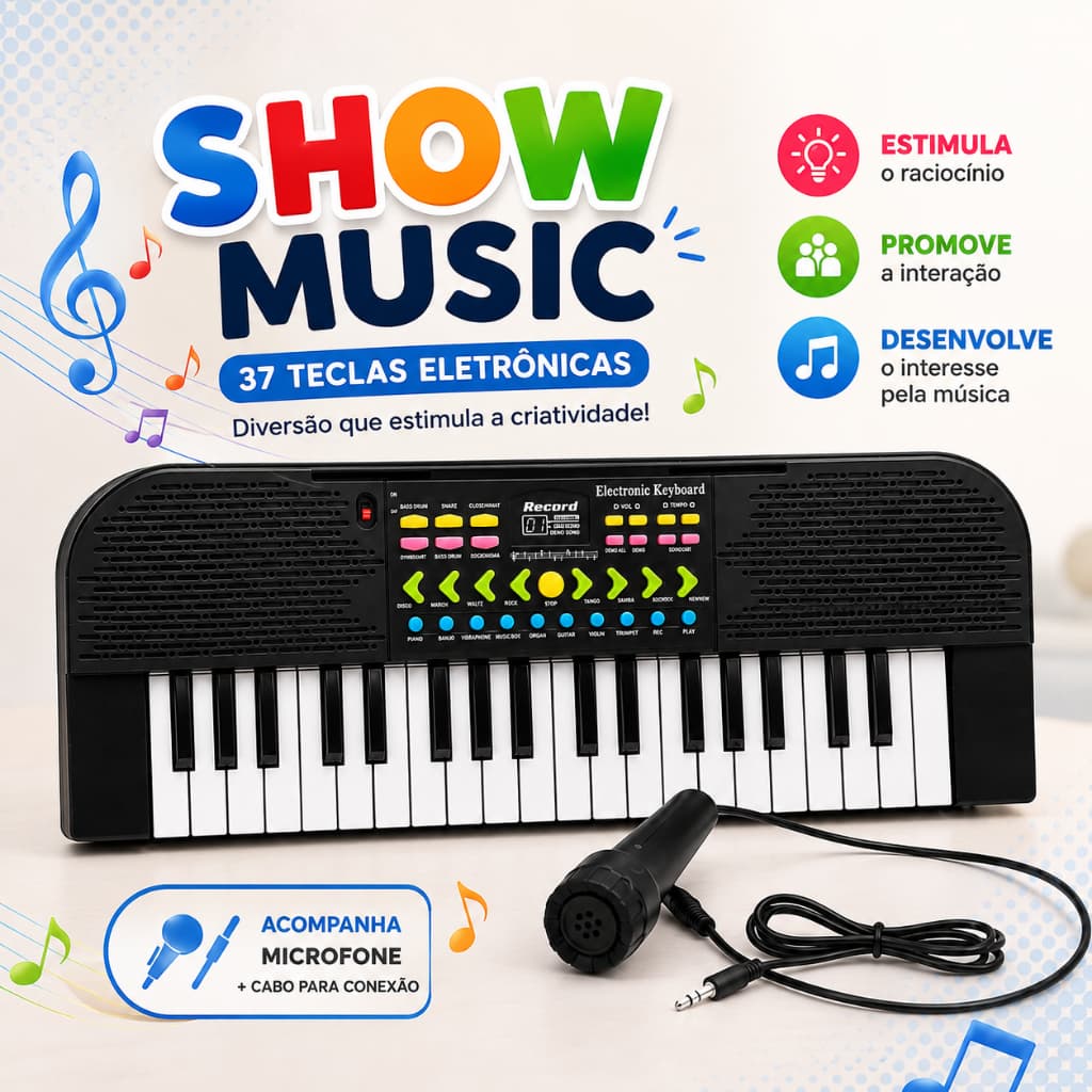 Brinquedo Teclado Musical Infantil 37 Teclas com Microfone Ritmos Gravação Cabo USB Art Brink