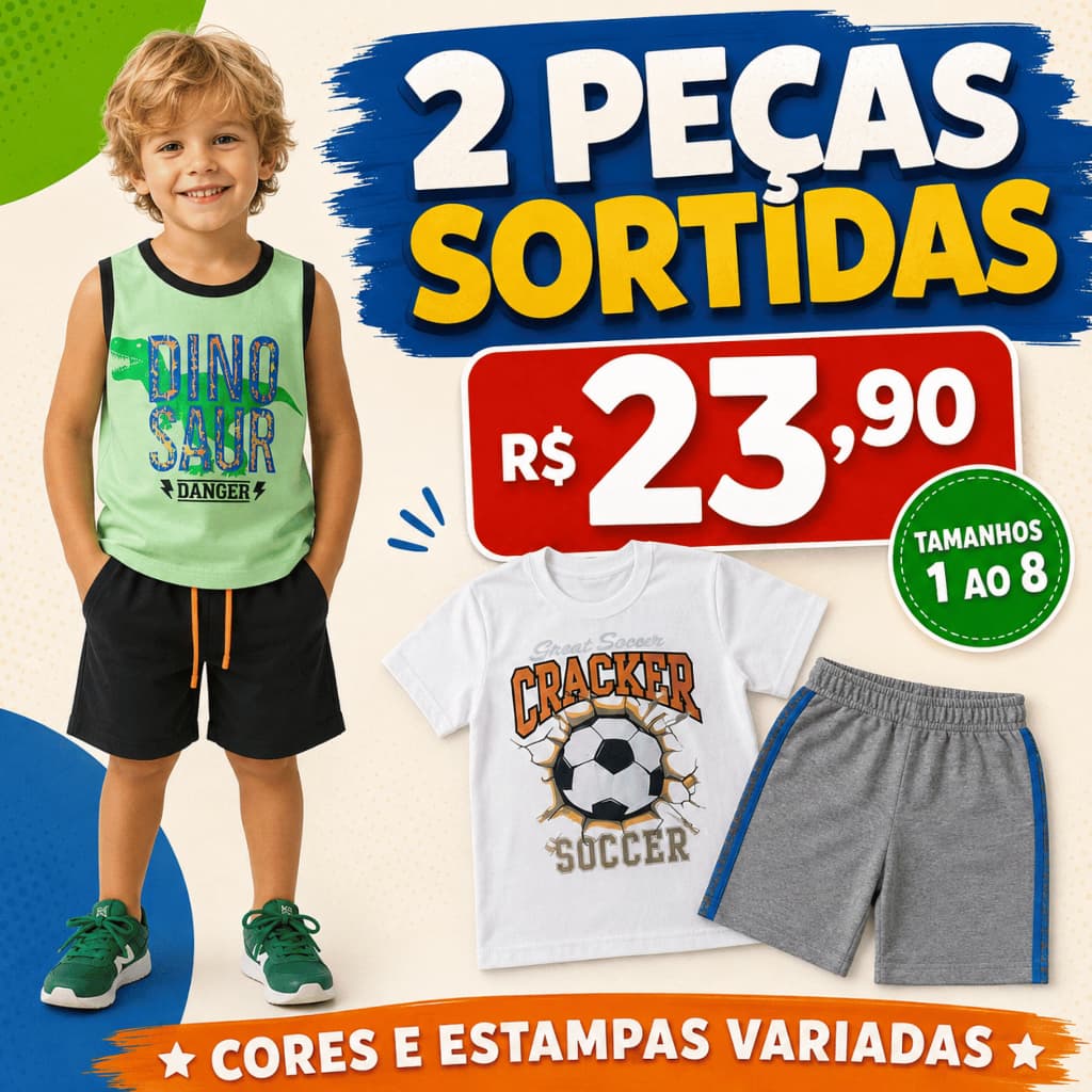 Roupa Infantil Masculina 2 Peças Camiseta e Bermuda Sortidas Conjunto Verão Passeio Escola Dia a Dia