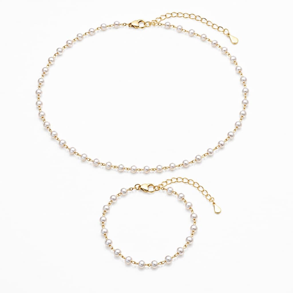 Kit Colar Choker e Pulseira Mini Pérolas Naturais Banhado a Ouro 18k Hipoalergênico Semijoia Feminina Elegante