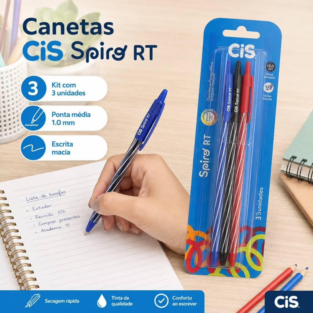 Kit 3 Canetas Esferográficas CIS Spiro RT 1.0 mm Azul Preta e Vermelha
