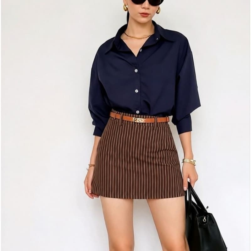 Short Saia feminino Listrado Com cinto  Alfaiateria premium com ziper Lateral Elegante