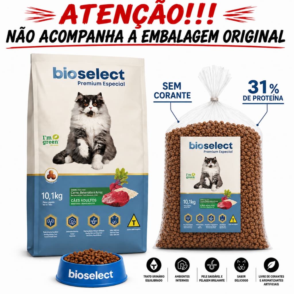 Ração Bioselect Premium Especial Gatos Adultos e Variação Castrado e filhote –Carne, Beterraba e Arroz a Granel
