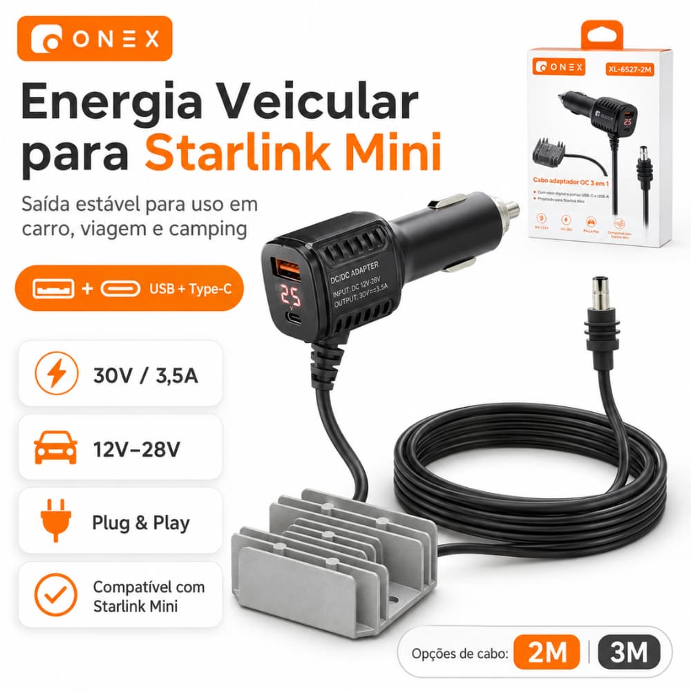 Carregador Veicular Starlink Mini 30V 3,5A Adaptador para Carro 12V-28V USB Type-C Cabo 2M/3M