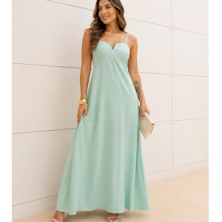Vestido Longo Decote V Alças Finas Elegante Festa Minimalista Fenda no Busto Cinturado