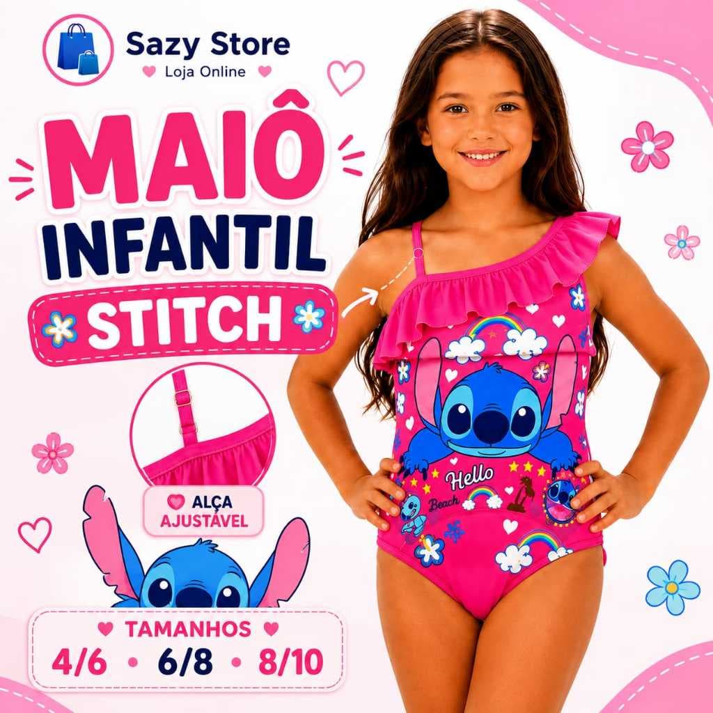 Maiô Infantil Stitch Menina Babado Alça Ajustável Moda Praia 4/6 6/8 8/10