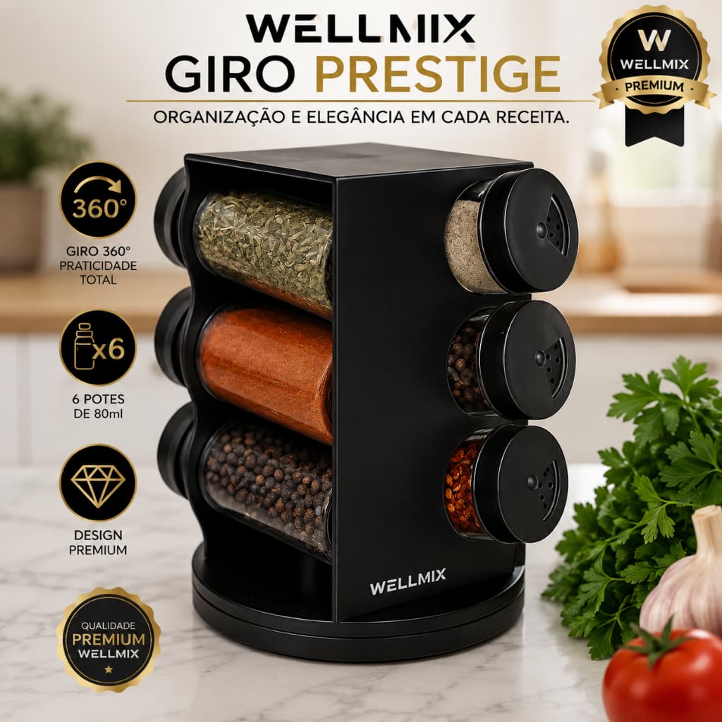 Porta Condimentos Giratório 6 Potes 80ml Organizador de Temperos Preto Cozinha