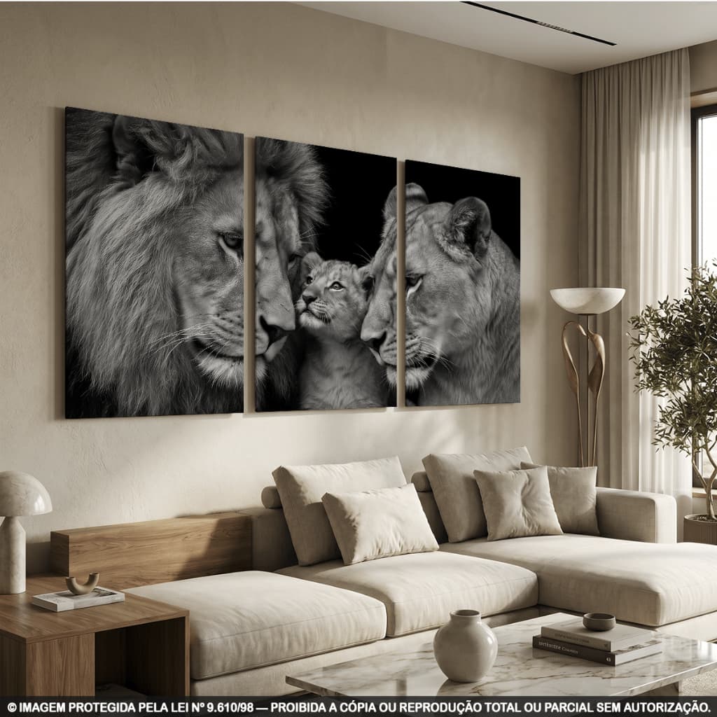 Kit 3 Quadros Decorativos Família de Leões – Leão, Leoa e Filhote Preto e Branco para Sala, Quarto e Escritório