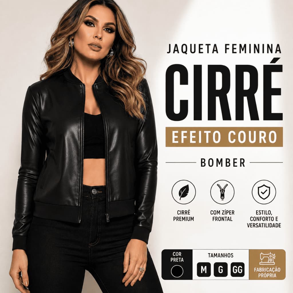 Jaqueta Feminina Cirré Preta Efeito Couro Bomber com Zíper Inverno