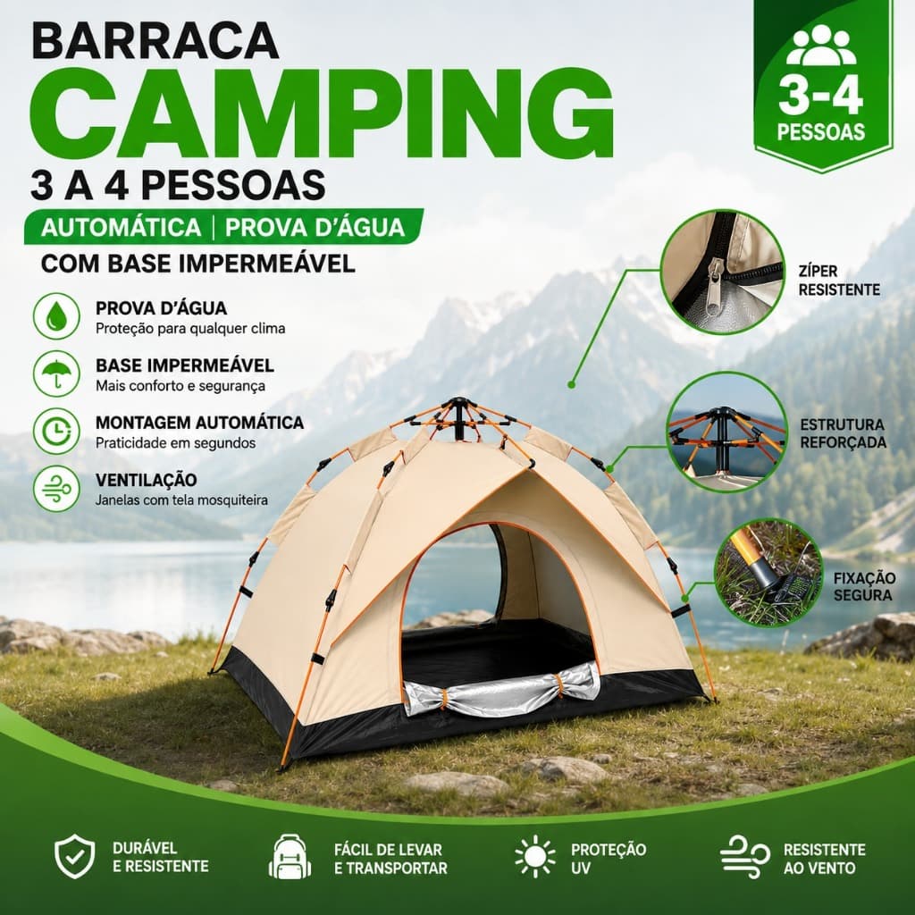 Barraca Camping 3 a 4 Pessoas Prova D’água Automática com Base Impermeável