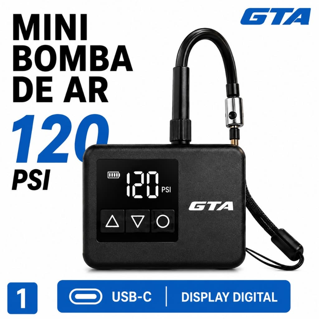Mini Bomba Ar Elétrica Bike Moto 120 PSI USB-C Digital GTA