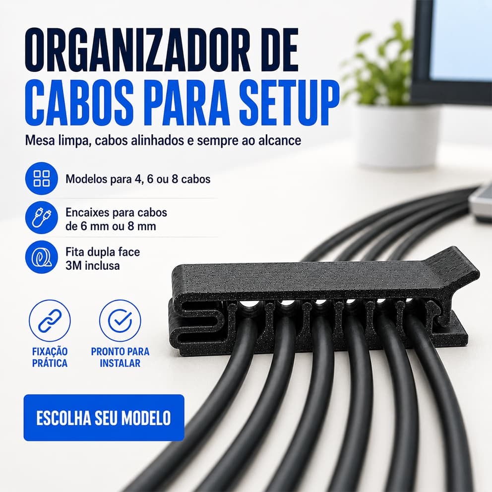 Organizador de Fios para Mesa com Fita 3M - Clip Porta Cabos para Setup Gamer, Home Office e Escritório