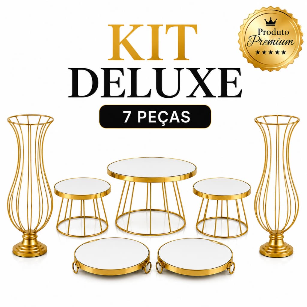 Kit Deluxe Premiun 7 Peças com Vasos | Kit Festa em Ferro com Espelho Dourado | Boleiras, Bandejas, Mesa de Doces, Dec