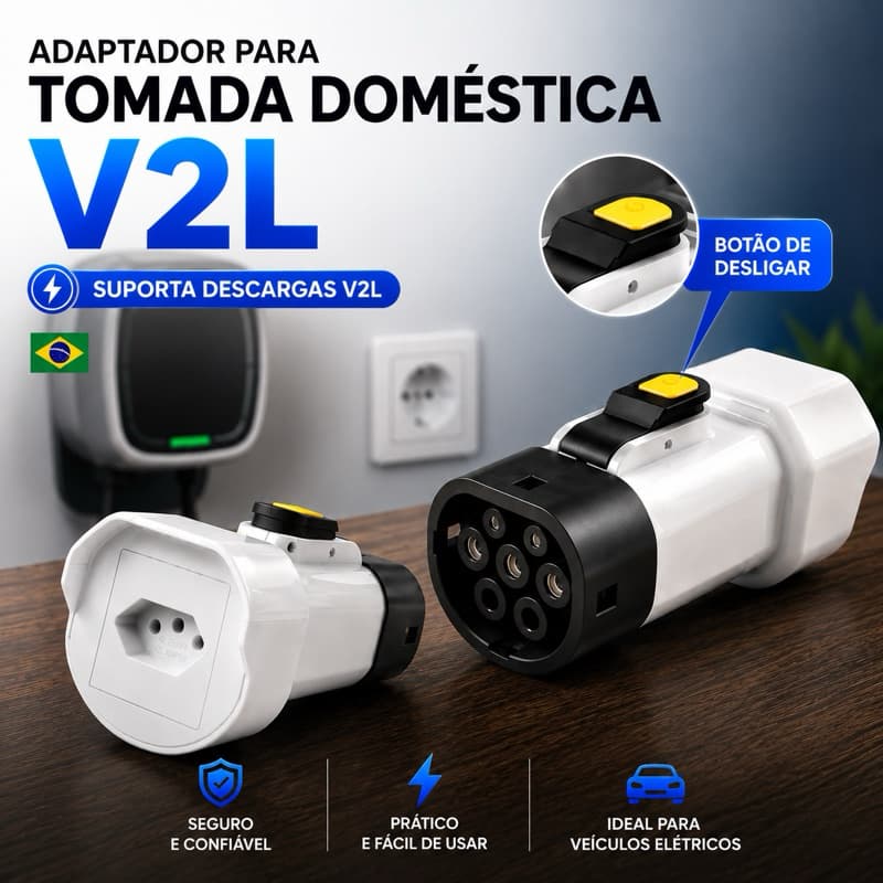 Adptador V2L 16A com Botão On/Off | Adaptador Veículo para Tomada | Compatível BYD/Carros Elétricos