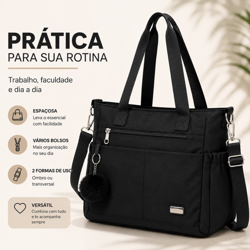 Bolsa Feminina de Ombro Nylon Multibolsos com Alça Transversal Trabalho Faculdade