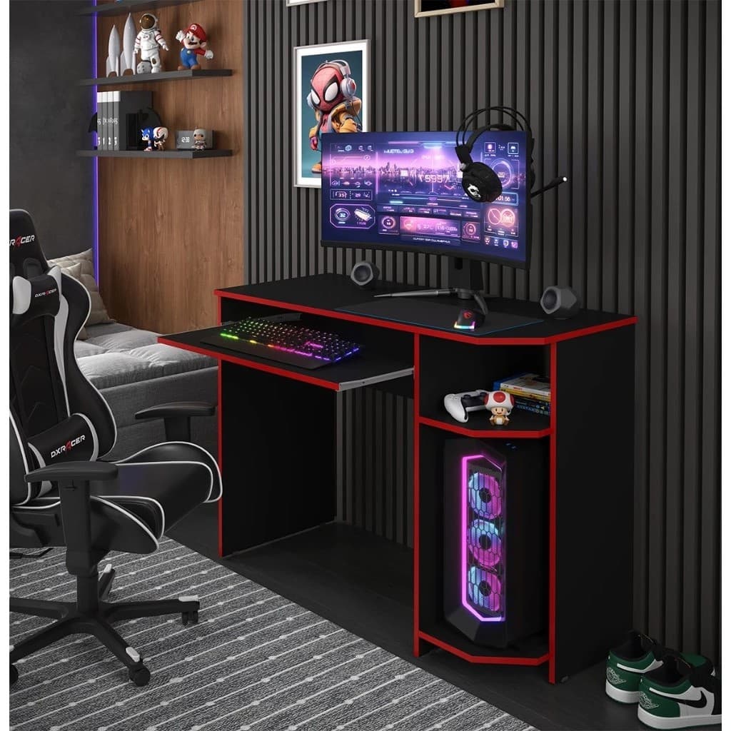 Mesa Gamer com Prateleiras e Espaço para CPU – Ideal para Computador, Estudos e Trabalho