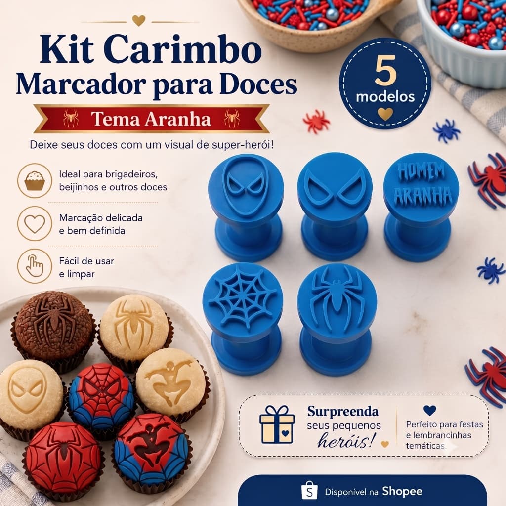 Kit Carimbos Brigadeiros Docinhos Molde Festa Confeitaria - Homem Aranha Spider Man Teia - 5pçs