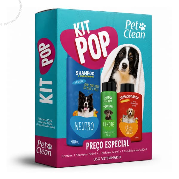 Kit Banho Pop Pet Clean 1 Shampoo 1 Perfume 1 Condicionador Cães Gatos