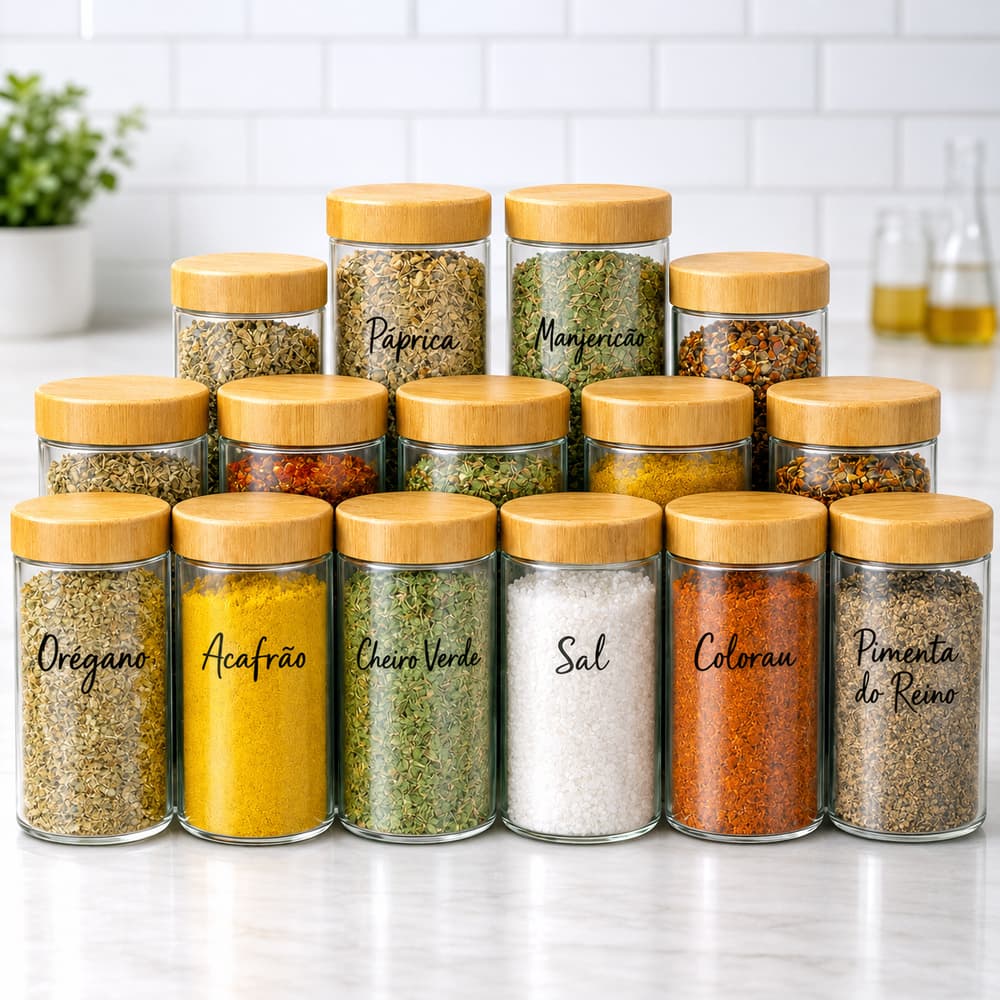 Pote Vidro Tampa Bambu Hermético Porta Mantimentos Alimentos Cozinha Temperos