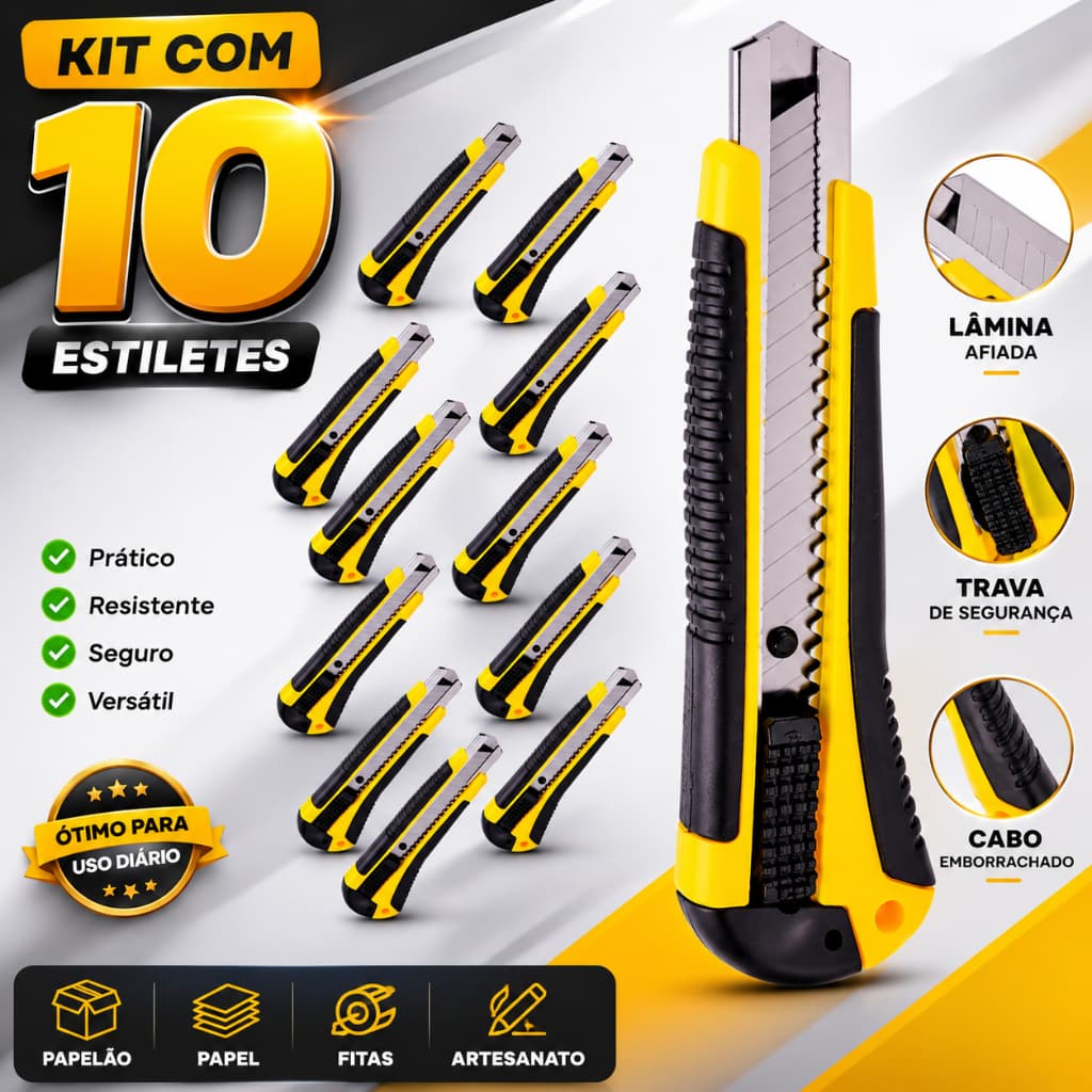 KIT 10 Estilete Profissional Retrátil Emborrachado 18mm Trava Segurança