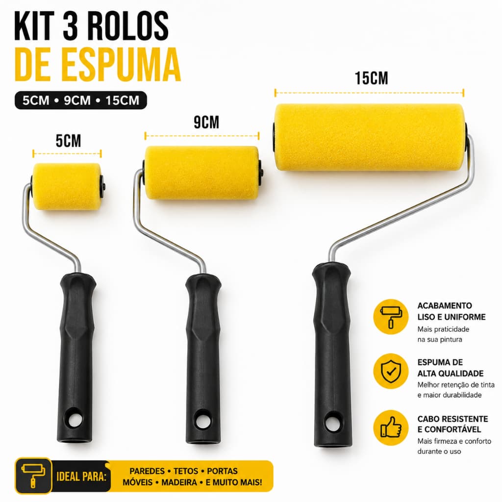 Kit Rolo de Espuma Pintura 5cm + 9cm + 15cm Alta Densidade Acabamento Uniforme Porta Madeira Metal