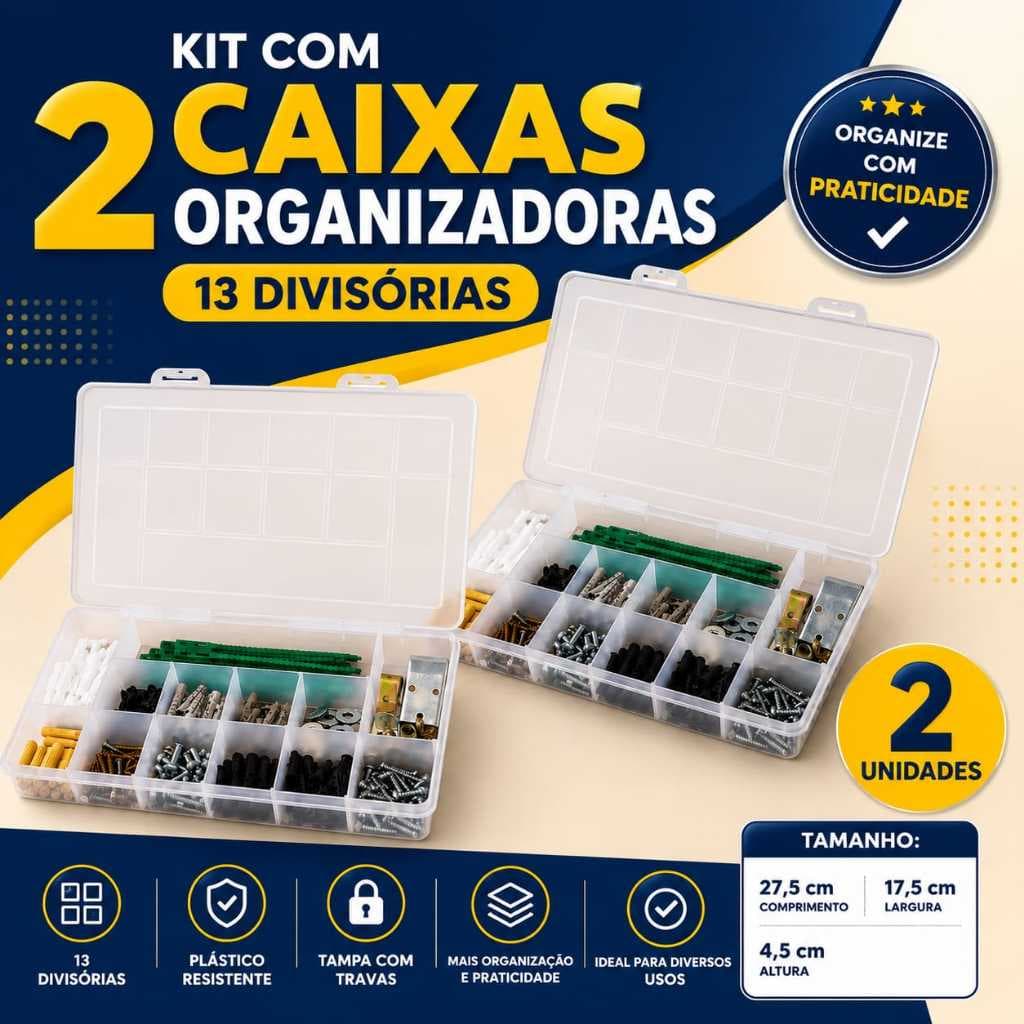 Kit Com 2 Caixas Organizadoras 13 Divisorias Plastico Com Tampa Travas Ferramentas Caixa Organizadora