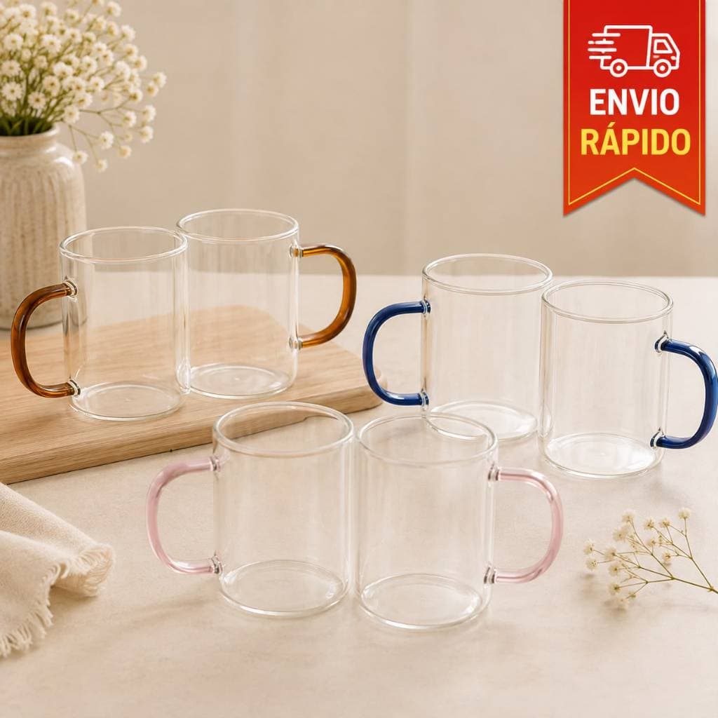 2 Caneca de Vidro 300ml Com Alça Colorida Café Chá Kit 2 Unidades Presente Namorado Esposo Mãe para Cestas Café da Manhã