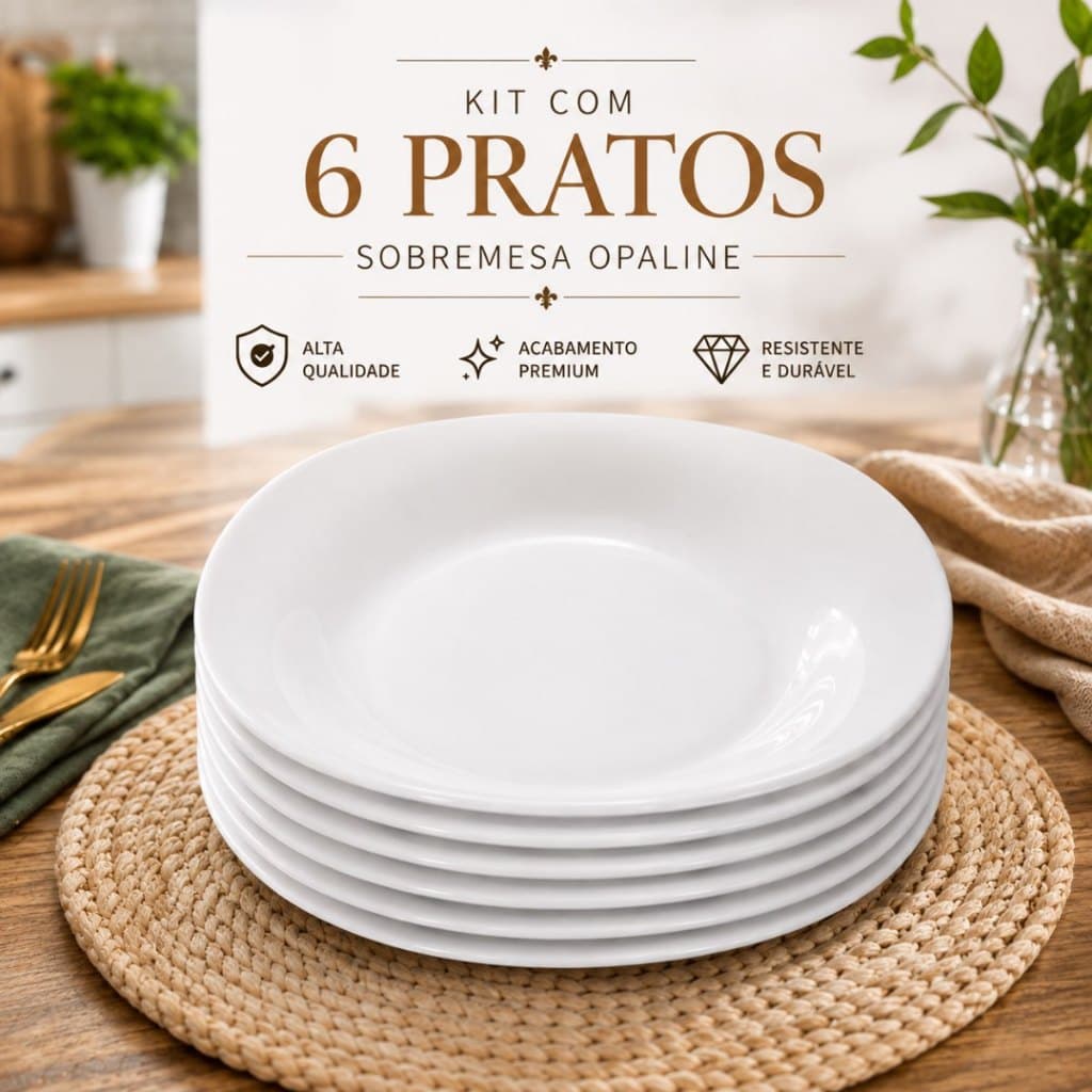 Jogo Pratos Sobremesa 6 Pcs Quadrado Branco Opaline Entrada Café Torta Bolo Almoço Jantar Mesa Posta