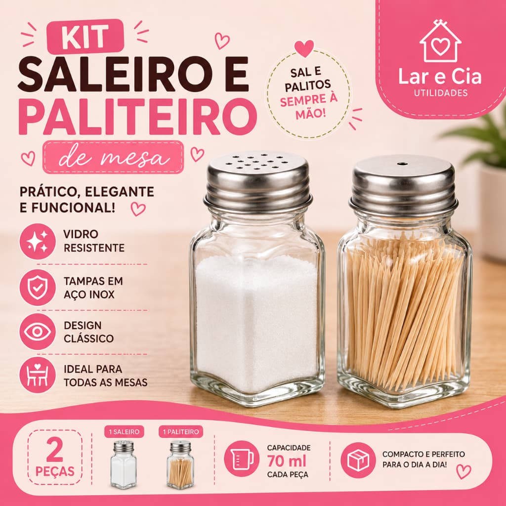 Kit Saleiro e Paliteiro de Mesa Vidro 70ml Porta Tempero Cozinha