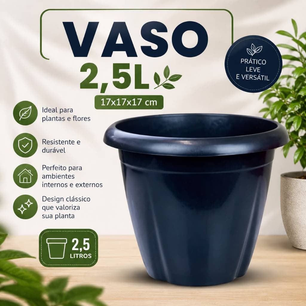 Jogo de Vasos 2,5 L Preto Redondo Plantas Flores Hortaliças Jardim