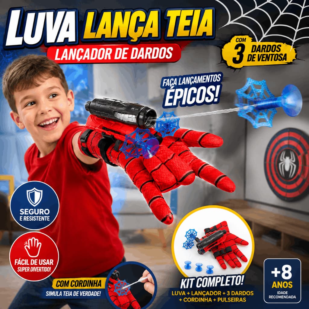 Luva Lança Teia Homem Aranha Lançador de Dardos com Ventosa e Cordinha Brinquedo Infantil