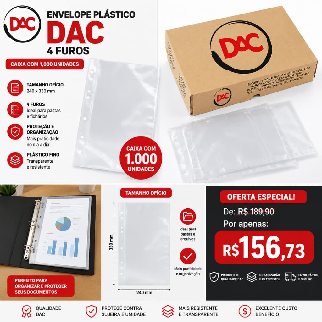 CAIXA DE ENVELOPE PLASTICO 4 FUROS FINO  DAC  CAIXA COM 1000 UNIDADES
